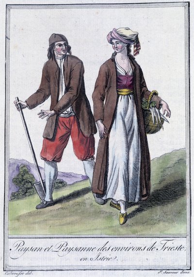 Campesino y campesina de Trieste, Italia - en "Enciclopedia de Viajes" por Grasset St Sauveur, París de Jacques Grasset de Saint Sauveur