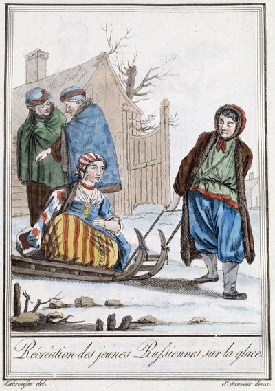 Recreación de jóvenes rusas en un trineo (rusos) - en “Encyclopédie des voyages” de Grasset Saint Sauveur, ed. París 1796 de Jacques Grasset de Saint Sauveur