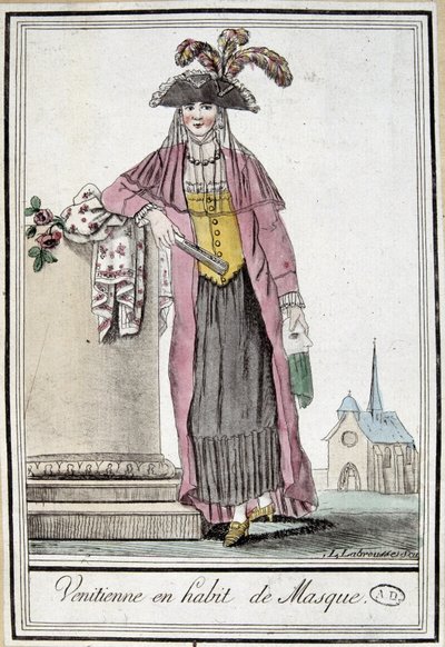 Veneciana en traje de máscara - en "Enciclopedia de Viajes" por Grasset Saint Sauveur, ed. París 1796 de Jacques Grasset de Saint Sauveur