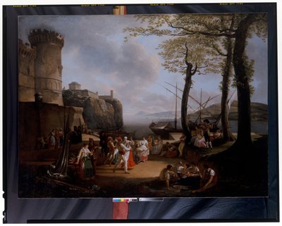 La Tarantelle: un paisaje costero nocturno con campesinos napolitanos bailando la Tarantela de Jacques Henri Sablet