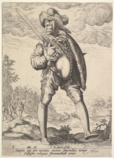 Soldado, armado con espada ancha y escudo, de Oficiales y Soldados, 1587 de Jacques II de Gheyn