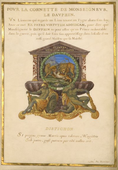 Ms. 11 (4) f.5, Emblema para Luis XIV, c.1663-68 (gouache y oro sobre pergamino) de Jacques I Bailly