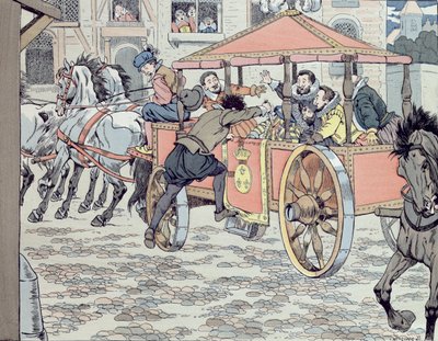 Asesinato de Enrique IV por François Ravaillac en la rue de la Ferronerie el 14 de mayo de 1610, c.1900 de Jacques Marie Gaston Onfray de Breville (Job)