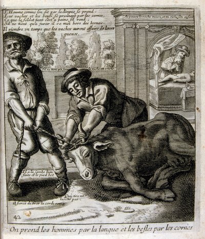 Ilustración grabada del siglo XVII de una colección de proverbios. París 1657-1663. Por Jacques Lagniet (1620-1675). Grabador francés. De él son numerosos grabados de crítica social y cuadros de burla como sus ilustraciones a veces grotescas y fantásticas de Jacques Lagniet
