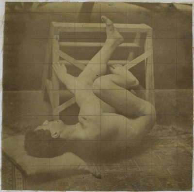 Estudio de un modelo desnudo masculino, acostado con las piernas contra una escalera, en el estudio de Jacques de Lalaing de Jacques Lalaing (attributed to)