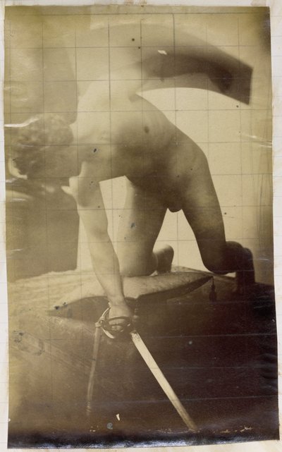Estudio de un modelo desnudo masculino, de rodillas con espada y escudo en las manos, en el taller de Jacques de Lalaing de Jacques Lalaing (attributed to)