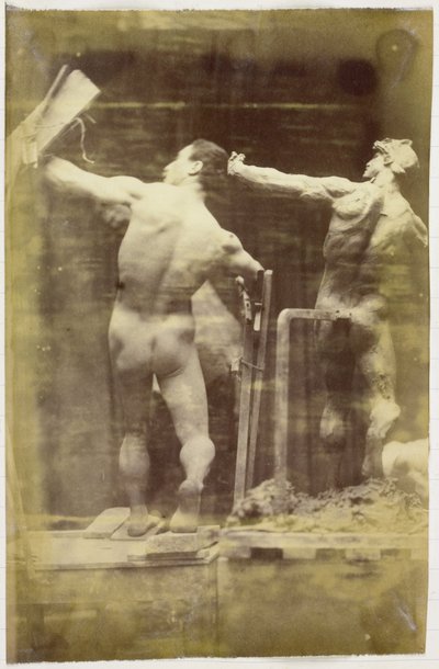 Estudio de un modelo desnudo masculino, visto de espaldas y a mano en un andamio, junto a un modelo de yeso en exactamente la misma pose, en el estudio de Jacques de Lalaing de Jacques Lalaing (attributed to)