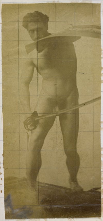 Estudio de un modelo desnudo masculino, de pie con espada y escudo en las manos, en el estudio de Jacques de Lalaing de Jacques Lalaing (attributed to)