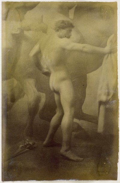 Estudio de un modelo desnudo masculino, de pie sobre el fondo de un mural monumental de caballos, en el taller de Jacques de Lalaing de Jacques Lalaing (attributed to)