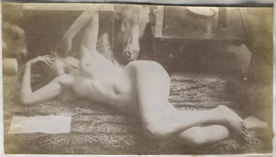 Estudio de una modelo de desnudo femenino, acostada sobre una piel de tigre, en el estudio de Jacques de Lalaing de Jacques Lalaing (attributed to)