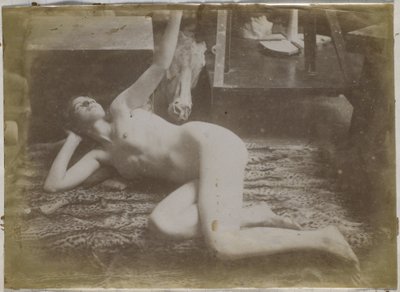 Estudio de una modelo de desnudo femenino, acostada sobre una piel de tigre, en el estudio de Jacques de Lalaing de Jacques Lalaing (attributed to)