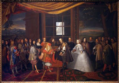 Guerra de los Treinta Años: "Entrevista del rey de Francia Luis XIV (1638-1715) y Felipe IV de España (1605-1665) en la isla de Paisans el 7/11/1659" España acepta firmar el Tratado de los Pirineos. La hija de Felipe IV, María Teresa (Marie-Therese) de Jacques Laumosnier