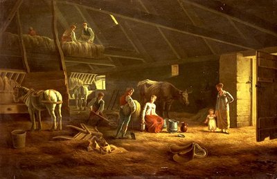 Una lechera, jornaleros y caballos de arado en un granero de Jacques Laurent (circle of) Agasse