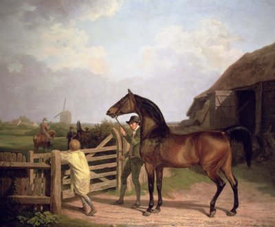 "Bay Ascham", un semental llevado a través de una puerta hacia una yegua, 1804 de Jacques Laurent Agasse