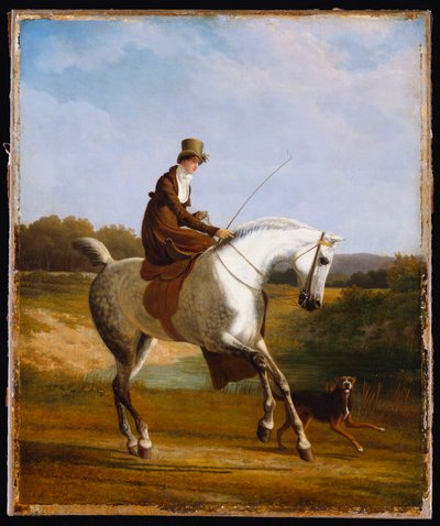 Miss Cazenove en un cazador gris, un perro corriendo al lado de Jacques Laurent Agasse