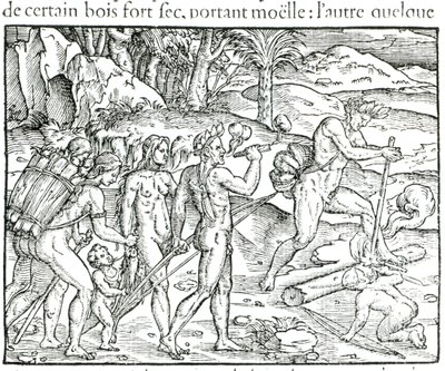 Nativos Indios Haciendo Fuego Después de Cazar, grabado por Theodor de Bry (1525-75) de Jacques Le Moyne