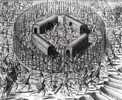 Johannes Staden ayuda a defender a los indios que lo capturaron contra los Tuppin Tkins, grabado por Theodore de Bry (1528-98), de 
