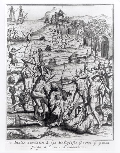 Los indios atacan a los sacerdotes y otros y prenden fuego a sus casas, grabado de 