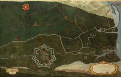 Mapa de Damme y las fortalezas fronterizas españolas cerca de Sluis (óleo sobre lienzo) de Jacques Lobberecht