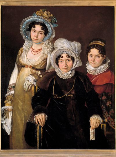 Retrato de Madame de Tangry y sus hijas (Retratos de Isabelle Rose van Tieghem, esposa de Anselme Morel de Tangry, Echevin de Kortrijk y dos de sus hijas). Pintura de la escuela francesa del siglo XIX, realizada después de 1816 de Jacques Louis (attr.to) David