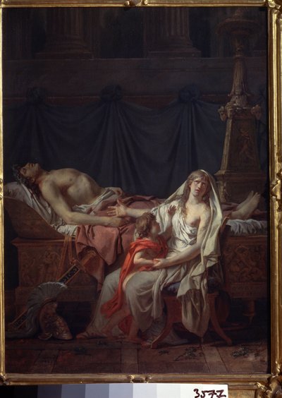 ""Andromache de luto por Héctor"" (Andromache está de luto por Héctor). También llamado ""El dolor y los arrepentimientos de Andrómaca en el cuerpo de Héctor su marido"". Andromaque y su hijo Astyanax frente al cadáver de Héctor, asesinado durante la Guerr de Jacques Louis David