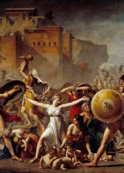 (detalle) Las Sabinas interponiéndose entre sus maridos romanos (derecha) y sus hermanos sabinos (izquierda) mostrándoles a sus hijos. Pintura de Jacques-Louis David (1748-1825) de Jacques Louis David
