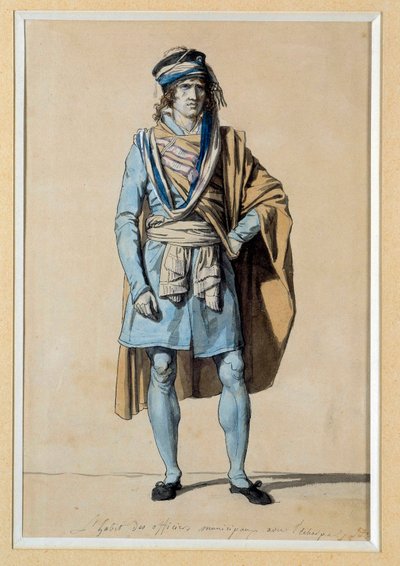 Revolución Francesa: proyecto de traje cívico 1793 “Vestido de Oficial Municipal con la Banda” Acuarela de Jacques Louis David (1748-1825). Versalles, Castillos de Versalles y Trianon de Jacques Louis David