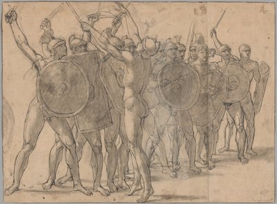 Soldados desnudos gesticulando con sus armas (recto); Dos estudios de drapeado para la figura de Tatius (verso) de Jacques Louis David