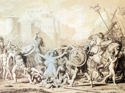 Estudio para Violación de las Sabinas (dibujo a pluma, tinta, acuarela y lápiz) de Jacques Louis David