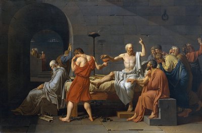 Suicidio de Sócrates, antiguo filósofo griego (siglo V a.C.) tuvo que beber cicuta tras ser acusado de impiedad y corrupción de la juventud de Jacques Louis David