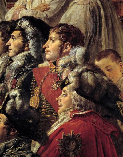 El rito de Napoleón. Detalle que representa a Auguste Jean-Gabriel de Caulaincourt, Eugene Rose de Beauharnais y Charles Maurice de Talleyrand durante la consagración del emperador Napoleón de Jacques Louis David