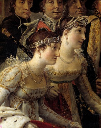 El rito de Napoleón. (detalle) representando a Madame de la Rochefoucault y Madame Lavalette durante la consagración del Emperador Napoleón I Bonaparte y la coronación de la Emperatriz Josefina en Notre-Dame de París el 2 de diciembre de Jacques Louis David