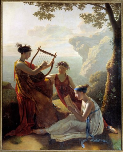 La poetisa griega Safo (Sappho) tocando la lira y dos de sus compañeras Pintura de Jacques Louis Grandin (1780-?) 1808 París, Museo Marmottan de Jacques Louis Michel Grandin