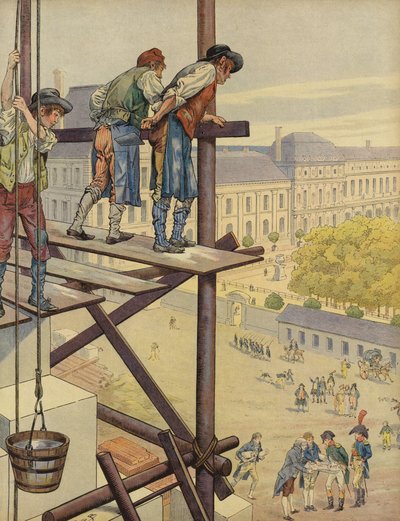 Trabajadores de la construcción mirando desde el andamio en la Place des Pyramides de Jacques Marie Gaston Onfray de Breville (Job)