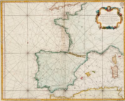 Mapa de Europa occidental con el meridiano de París como primer meridiano. de Jacques Nicolas Bellin