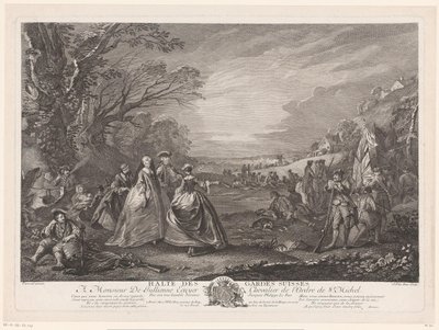 Paisaje con cuatro figuras visitando un campamento militar Stop des Gardes Suisses (título sobre el objeto) de Jacques Philippe Le Bas