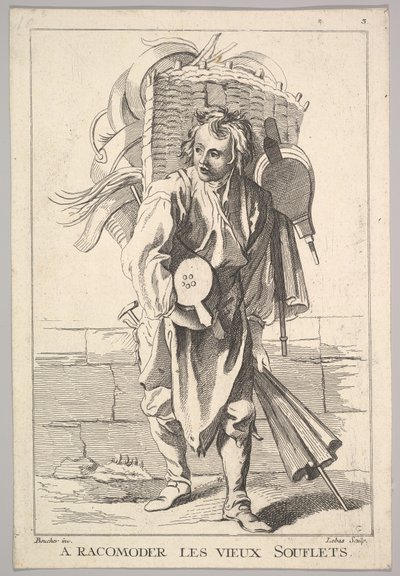 Copia inversa de A Racomoder les Vieux Souflets Mend the Old Bellows, del Le Cri..., siglo XVIII de Jacques Philippe Le Bas