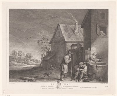 Dos hombres y una mujer frente al pozo en una granja. La Ferme (título sobre objeto) de Jacques Philippe Le Bas