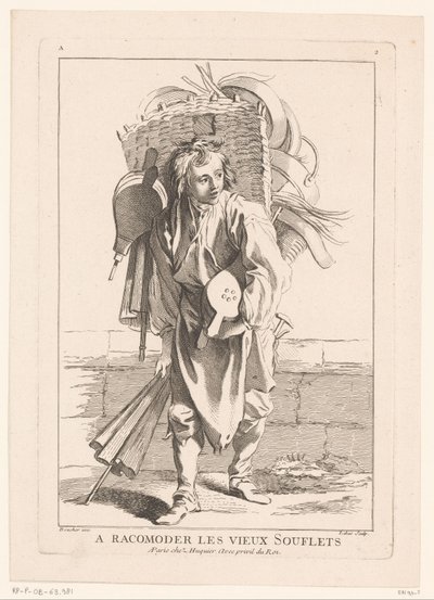 Vendedor de fuelles A Racomoder les vieux Souflets (título sobre objeto) Cris de Paris (título de la serie) Vendedores ambulantes de París (título de la serie) de Jacques Philippe Le Bas