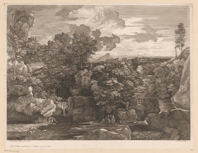 Paisaje fluvial con cascadas y algunos monjes. de Jacques Prou