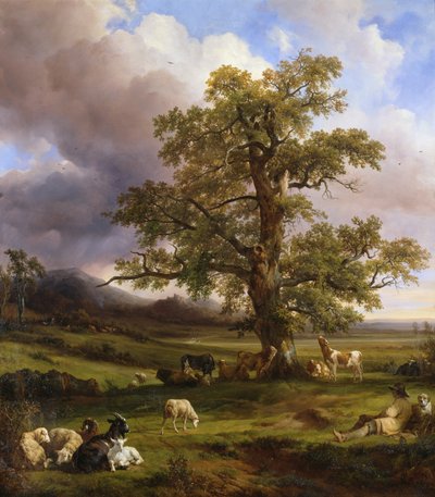 Animales descansando alrededor de un gran roble, 1842 de Jacques Raymond Brascassat