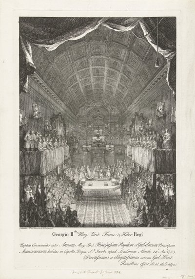Huwelijk van Willem IV conoció a prinses Anna, 1734 George II Mag: Brit: Franc: & Hiber. Ceremonia de boda del rey entre Anna (...) y William (...) Martes 14: Año: 1733 (...) (título sobre objeto) de Jacques Rigaud