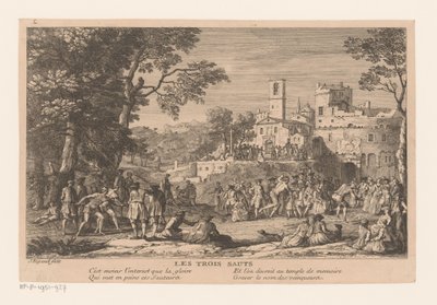 Paisaje con un grupo de personas viendo una competición de salto de longitud
Les trois sauts (título en el objeto) de Jacques Rigaud