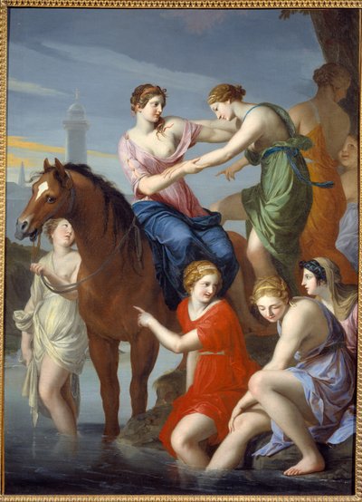 Roma antigua: Clelia cruzando el Tíber. La heroína romana entregada como rehén a Porsenna, rey de los etruscos, que estaba sitiando Roma, escapó con sus compañeras cruzando el Tíber en 507 a.C. Pintura de Jacques Stella (1596-1657) de Jacques Stella