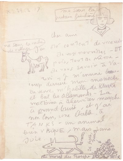 Carta autógrafa con dibujos de Jacques Vache