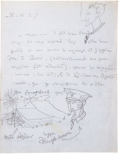 Carta autógrafa con dibujos de Jacques Vache