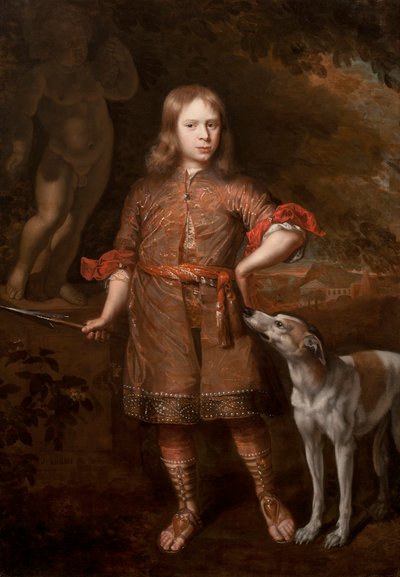 Retrato de un niño como cazador con una lanza de jabalí y un galgo, mediados de la década de 1670 de Jacques Vaillant