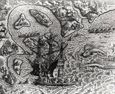 Johannes Staden llega a una isla desconocida y encuentra que los portugueses ya están allí, de Americae, 1593, escrito y grabado por Theodor de Bry (1528-98) de Jacques d.158788 after Le Moyne