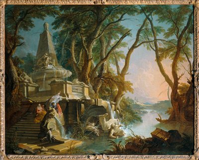 Paisaje imaginario: el río, también conocido como la fuente piramidal con una estatua rota de Neptuno - Paisaje imaginario: el río ... de Jacques de (after) Lajoue