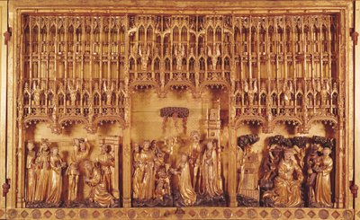 Retablo de Santos y Mártires, panel central la decapitación de San Juan Bautista, el Martirio de Santa Catalina de Alejandría y Santa Bárbara y la Tentación de San Antonio, c.1391 de Jacques de Baerze or Baers